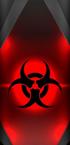 a red and black background with a biohazard symbol