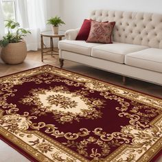 a living room filled with furniture and a red rug