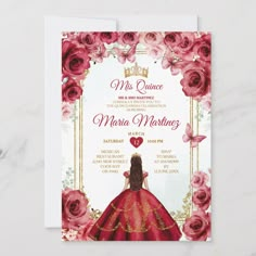 a princess birthday party with pink roses and gold trimmings on the front, featuring an image of a woman in a red dress