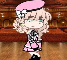 an anime character standing on a wooden floor in front of a stage with red seats