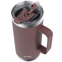 thermos cup with lid and handle is shown on a white background, it's brown