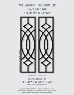 the front and back cover of an art deco door with text that reads, faux wrought iron shutters our original design