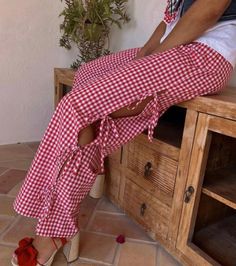 Side-tie Pants Pattern PDF XXS-XXL - Etsy Red Gingham Outfit, Watermelon Martini, Holiday Fits, Ropa Upcycling, Gingham Tablecloth, Plaid Decor, Plaid Trousers, Casual Sweatpants, Clothes Sewing