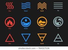 the different types of water and fire symbols are shown in this illustration, which is also used