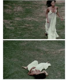 two pictures of a woman laying on the ground and another photo of a person walking