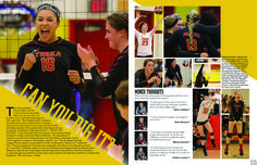 the volleyball team is celebrating their victory over each other in this brochure, which features photos of women's volleyball players