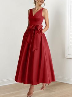 A-Line/Princess V-Neck Ankle-Length Mother of the Bride Dresses with P - Mondressy Stylish Outfits For Women Over 50, Dresses With Pockets, Womens Fashion Inspiration, Bride Dresses, Mother Of The Groom, Mother Of The Bride Dresses, Elegant Dress, Wine Red, Bride Dress