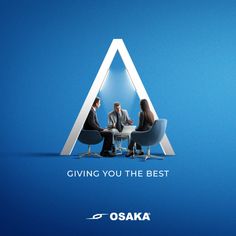 two people sitting at a table in front of a blue background with the words giving you the best