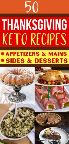 the cover of 50 thanksgiving keto recipes with pictures of pies and desserts