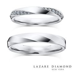 two white gold wedding bands with diamonds on each side and the words lazzare diamond new york