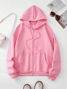 Solid Color Front Zipper Long Sleeve Pocket Minimalist Hoodie, Casual Daily Wear Pink Casual  Long Sleeve Fabric Plain Zip Up Slight Stretch Fall/Winter Women Clothing, size features are:Bust: ,Length: ,Sleeve Length: Solid Hoodie, Women Sweatshirts, Active Hoodie, Hoodies For Sale, Womens Casual Outfits, High Heel Boots, Winter Women, Zip Up, Baby Pink