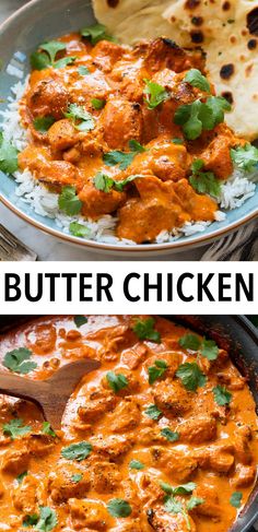 two pictures of chicken curry with rice and naan bread on the side, one is in