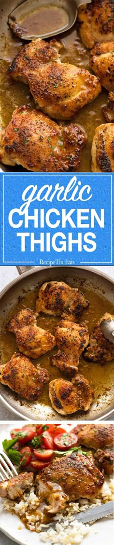 grilled chicken thighs in a pan with sauce and garnish on the side