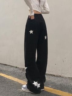 Retro Streetwear Black Cargo Jeans Women Gothic Punk Vintage Kpop Print Wide Leg Denim Pants - Black,XL Cargo Jeans Women, Black Cargo Jeans, Celana Kargo, Punk Vintage, Retro Streetwear, Black Cargo Pants, Preppy Aesthetic, Boho Floral Dress