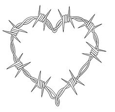 a heart made out of barbed wire with the center surrounded by two small pins on each side