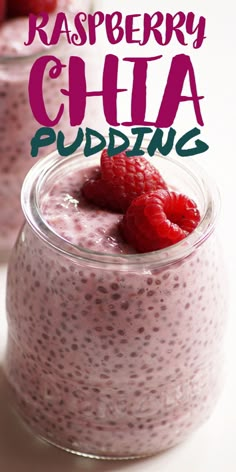 raspberry chia pudding in a glass jar with fresh raspberries on top