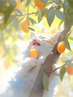 a cat that is laying down in a tree with oranges on it's face