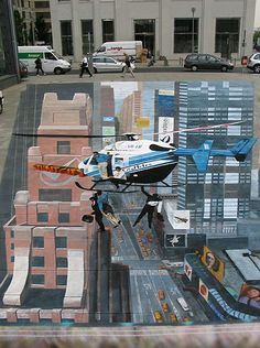 a painting of a helicopter flying over a city with tall buildings and people walking on the sidewalk