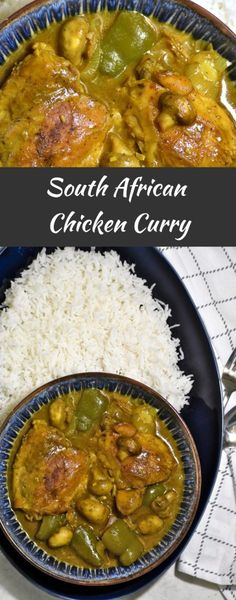 south african chicken curry with white rice in a blue bowl and on a black plate