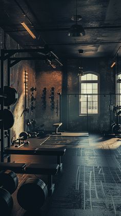 an empty gym with rows of benches and exercise mats on the floor in front of windows