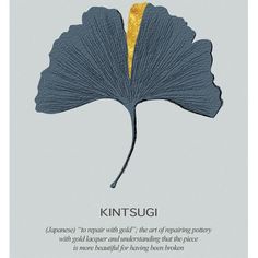 a blue and yellow leaf with the words kintsuugi written below it in japanese