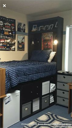 a bed room with a neatly made bed next to a desk and shelves on the wall