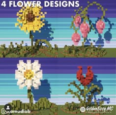 four flower designs are shown in this pixel art video game screen graber for minecraft