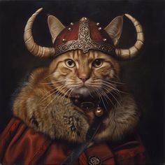 a painting of a cat wearing a helmet with horns on it's head and collar