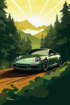 a painting of a green sports car driving down a dirt road in the woods at sunset