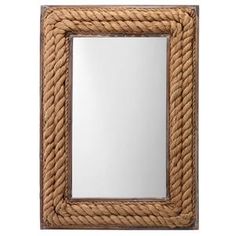 a mirror that is made out of rope and has a wooden frame on the front