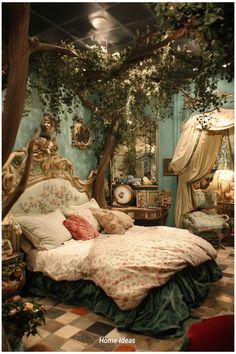 a bedroom with a bed, dresser and mirror in it's corner area that has ivy growing on the walls