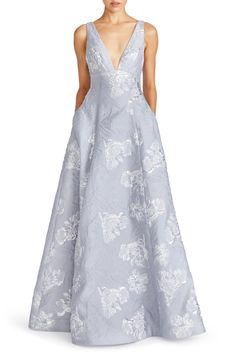 ML Monique Lhuillier Madeline Jacquard Gown | Nordstrom Jacquard Gown, Evening Dress Collection, Fashion For Petite Women, Brocade Dresses, Mob Dresses, Monique Lhuillier, A Line Gown, Silver Dress, Petite Dresses