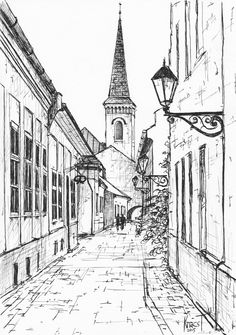 a black and white drawing of an alleyway with a church steeple in the background