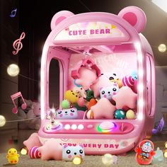 a pink toy bear machine with lots of toys around it and music notes on the wall