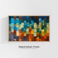 an abstract painting hanging on the wall in a white room with text that reads digital infinite prints