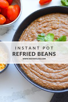 the ingredients for instant pot refried beans are shown in bowls on a marble countertop