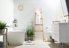 a bathroom with a ladder in the middle of it and plants on the floor next to the tub