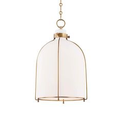 a light fixture with a white glass shade hanging from it's brass frame and chain