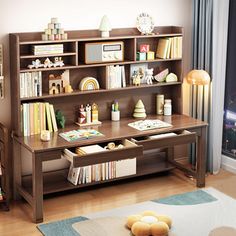 a child's desk with books and toys on it in front of a window