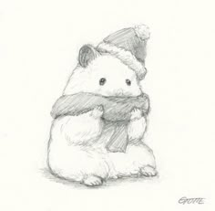 a pencil drawing of a teddy bear wearing a santa hat and hugging it's chest