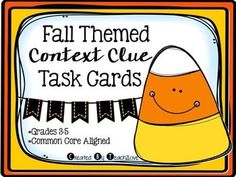 an orange and white sign that says fall themed content clue task cards