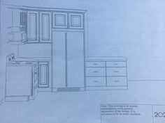 a drawing of a kitchen with cabinets and drawers