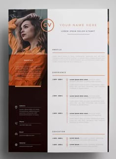 a clean and modern resume template with an orange accent on the front, black accents on the back