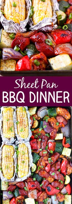 grilled vegetables and corn on the cob with text overlay that reads sheet pan bbq dinner