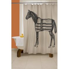 a shower curtain with a horse drawn on it's side in black and white