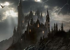 a castle in the sky with lightning coming from it