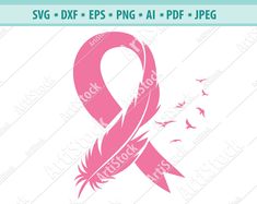 a pink ribbon with birds flying around it