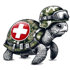 a turtle with a red cross on it's chest and helmet in the shape of a turtle