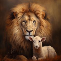 a painting of a lion and a lamb in front of a brown background with grass