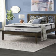 an image of a bedroom setting with blue walls and white rugs on the floor